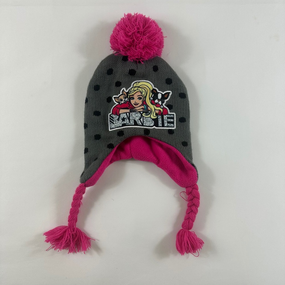 Girls Barbie Beanie Hat with Pom Poms and Braids Pink Gray Polka Dot Winter
